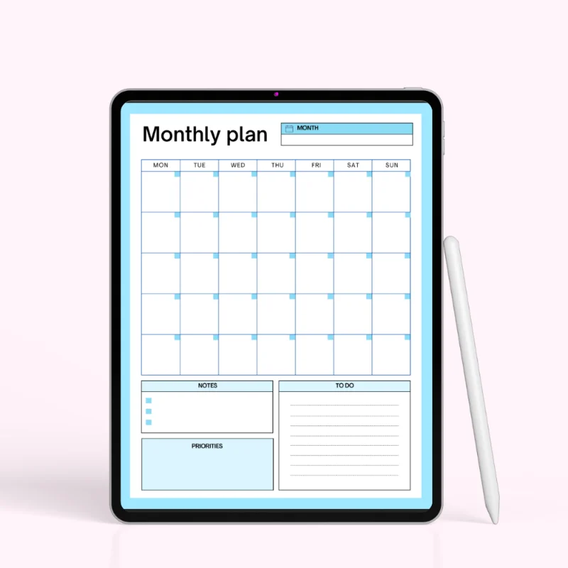 Blue Grid Monthly Planner with Notes, To-Dos & Priorities