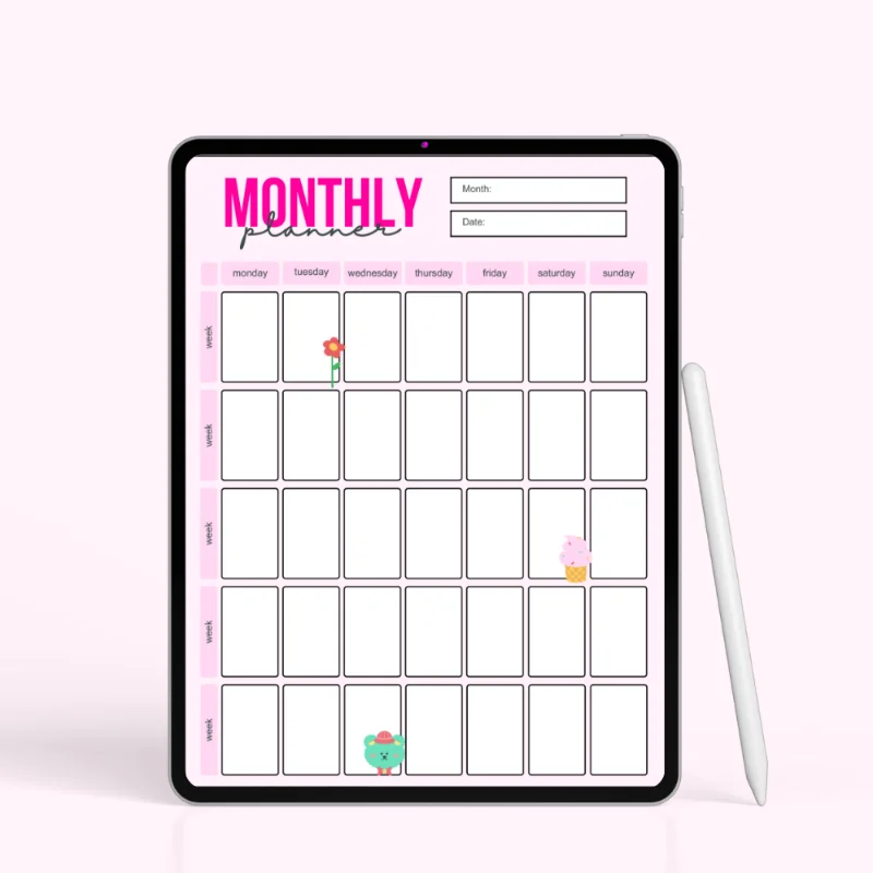 Pink Minimal Weekly–Monthly Planner with Cute Icons