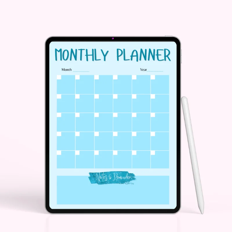 Sky Blue Minimal Monthly Planner with Notes & Reminders Box